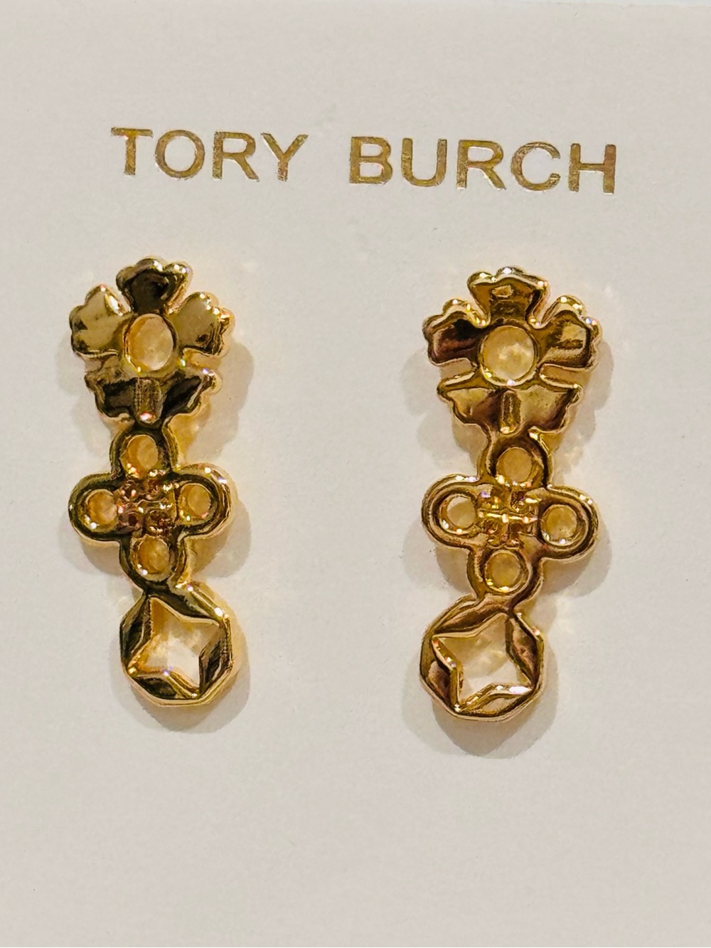 Tory Burch Gold Tone Clover Flower Logo Drop Linear Earrings 1.25